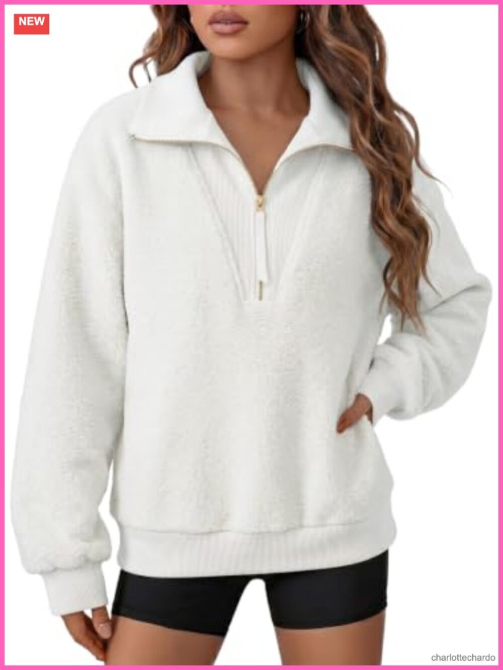 Women's Half Zip Fuzzy Fleece Oversized Pullover Sweatshirt (NO COLOR)